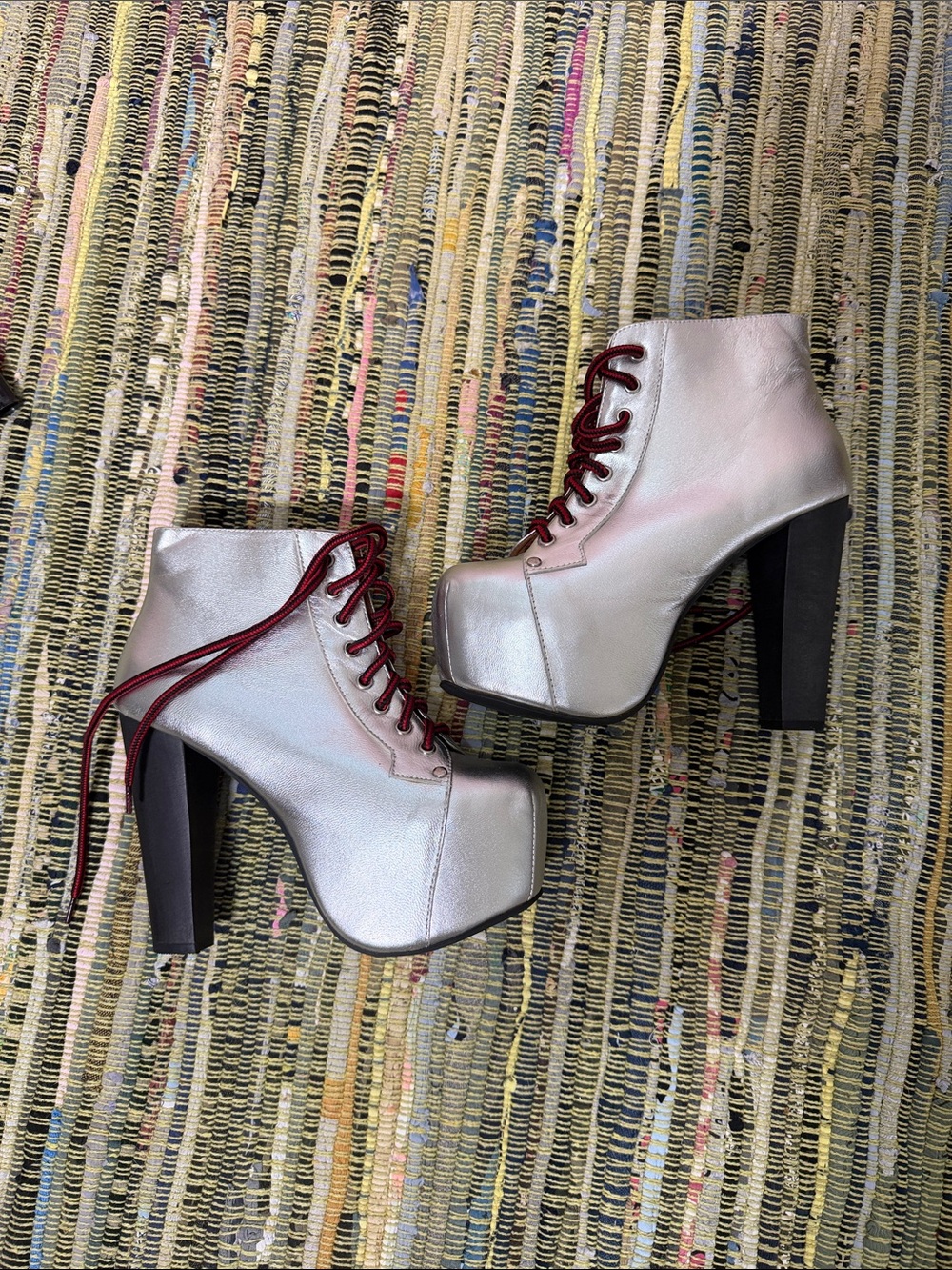 Metallic Silver Lace-Up Platform Ankle Boots with Burgundy Laces